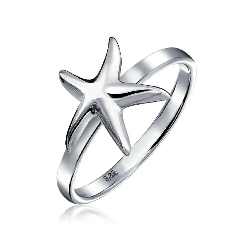 women’s carved ring-Dainty Cocktail Statement Ring: Pave CZ Starfish Sterling Silver Beach Jewelry