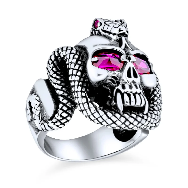 women’s zircon ring-Mens Stainless Steel Punk Rocker Biker Skull Ring with Red Ruby CZ Eyes Snake Design