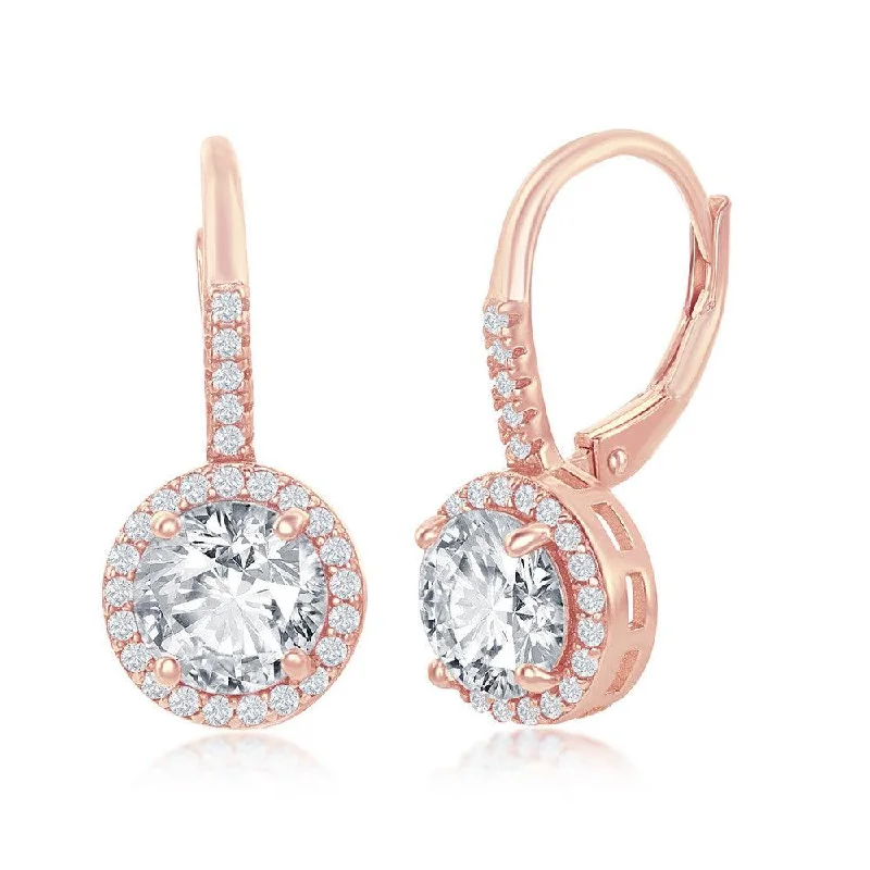 women’s square earrings-Sterling Silver Rose Gold Plated Round CZ Halo Earrings