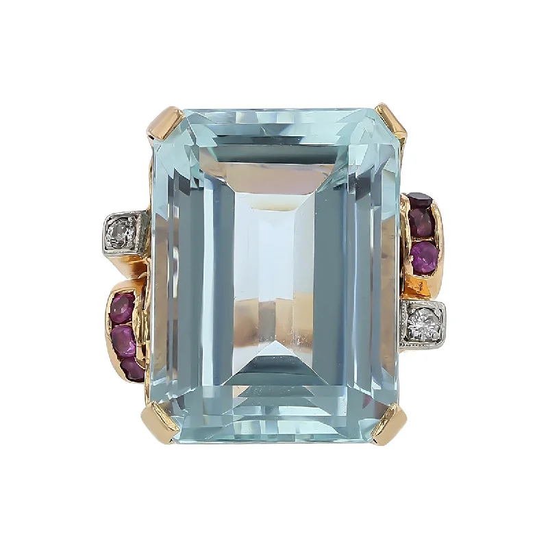 Emerald-cut Aquamarine, Ruby and Diamond Ring