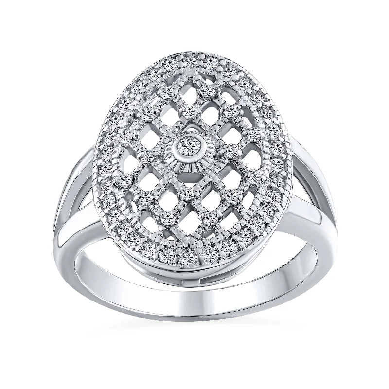 women’s men’s wedding ring-Art Deco Cocktail Statement Ring: Large Oval Pave CZ on Sterling Silver