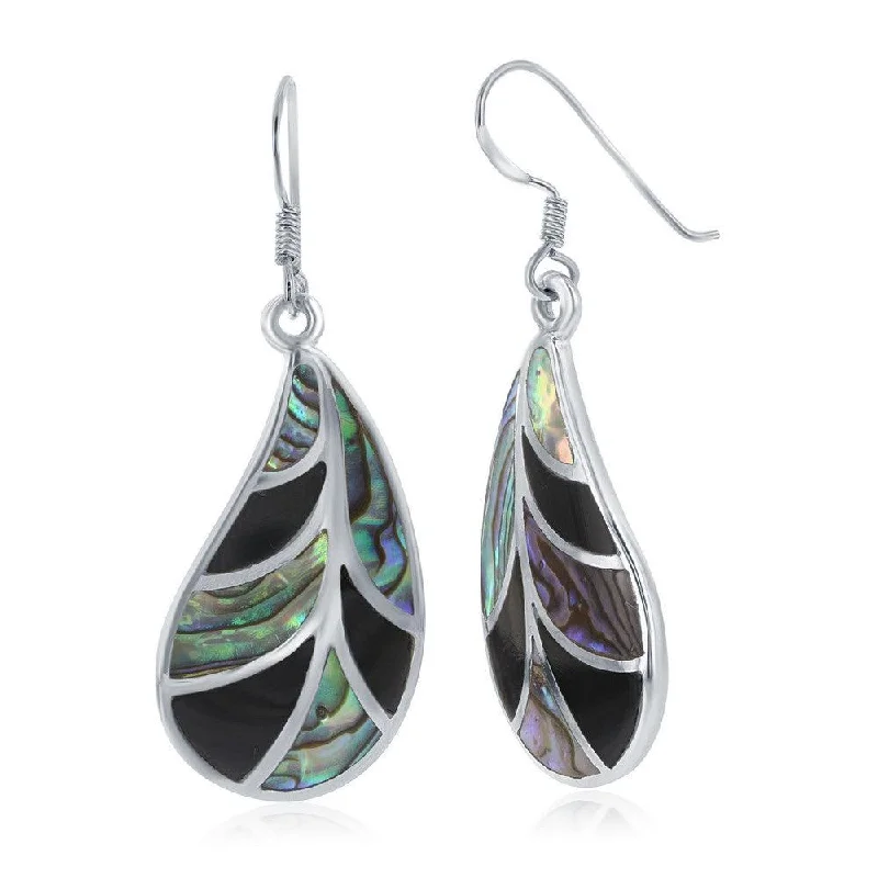 women’s classy stud earrings-Sterling Silver Abalone and Onyx Leaf Earrings