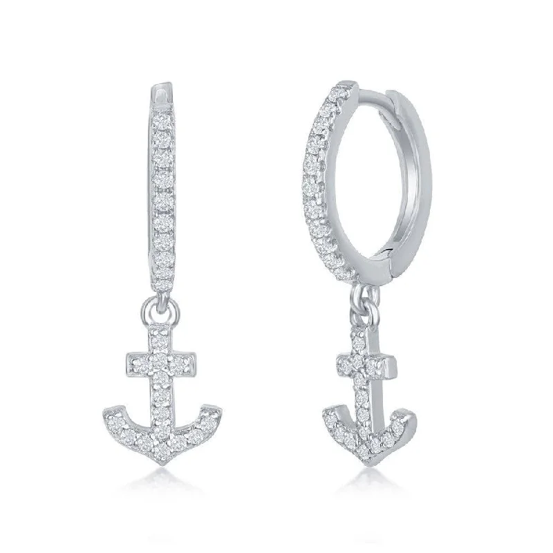 women’s sterling silver hoop earrings-Sterling Silver Small Huggie Hoop Anchor Earrings