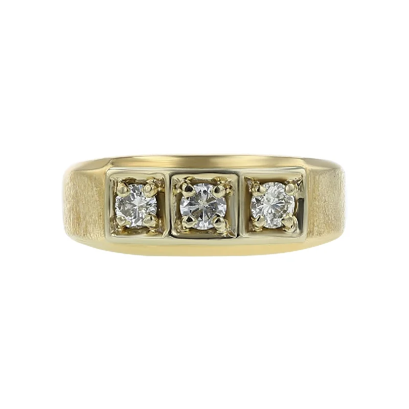 Mens 14K Yellow Gold Three Stone Diamond Ring