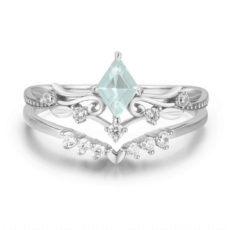 women’s silver gemstone ring-Victorian Lace Aquamarine© and Hearty Heart Ring Set