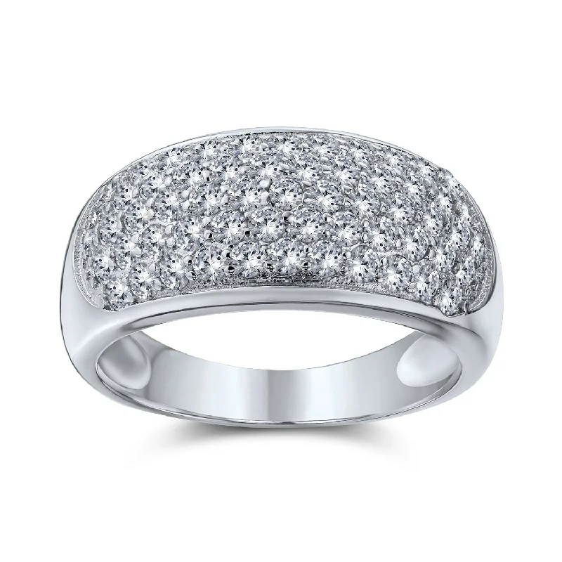 women’s silver ring-Micro Pave Cubic Zirconia Cocktail Statement Ring in Sterling Silver Wide Dome Design