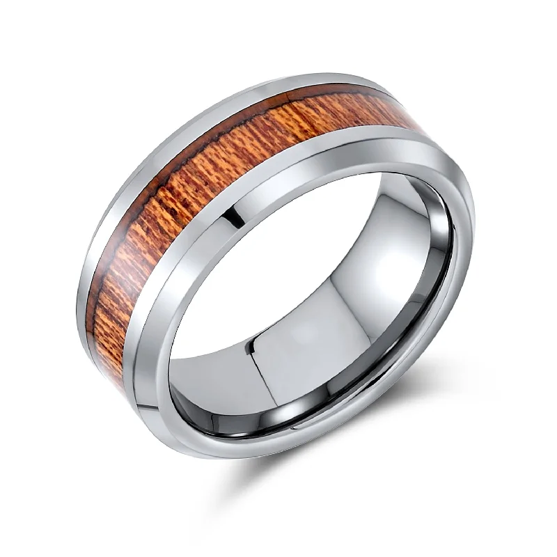 women’s purple gemstone ring-Tungsten Wedding Band Ring with Koa Wood Inlay and Silver Tone Comfort Fit