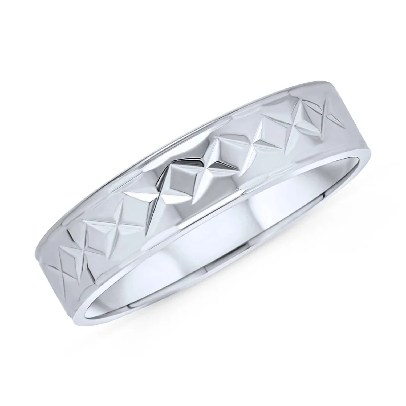 women’s silver gemstone ring-Unisex Stash Striped X Pattern Mens Silver Ring .925 Sterling Wedding Band 5 7 Wide