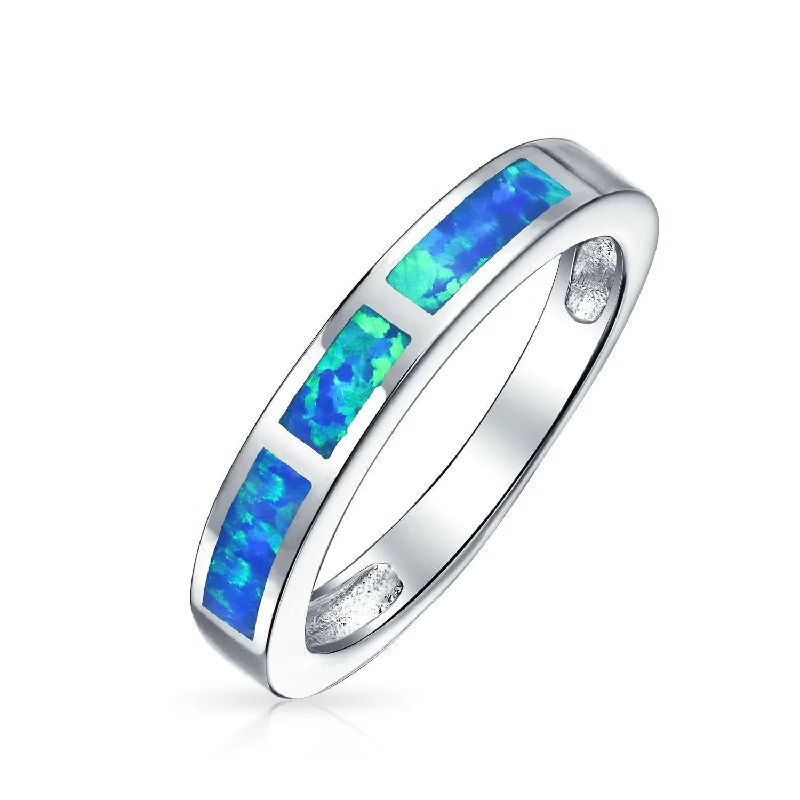 women’s fashion ring-Geometric Eternity Opal Inlay Stackable Band Silver Ring October Birthstone