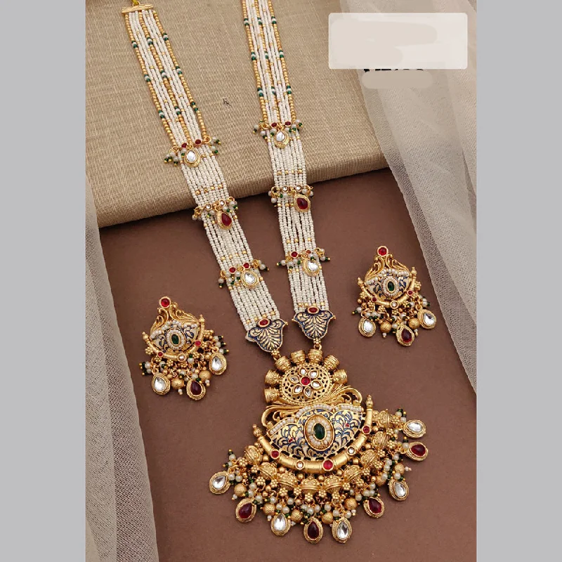 women’s layered gold necklace-Akruti Collection Gold Plated Kundan Stone And Pearls Meenakari Long Necklace Set