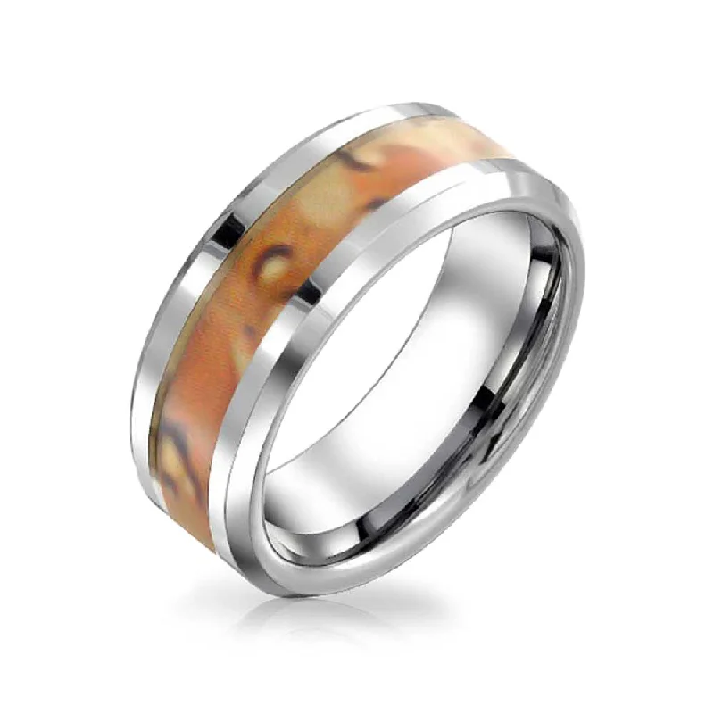 women’s wedding band-Tungsten Wedding Band Ring with Brown Camouflage Inlay for Men - Silver Tone