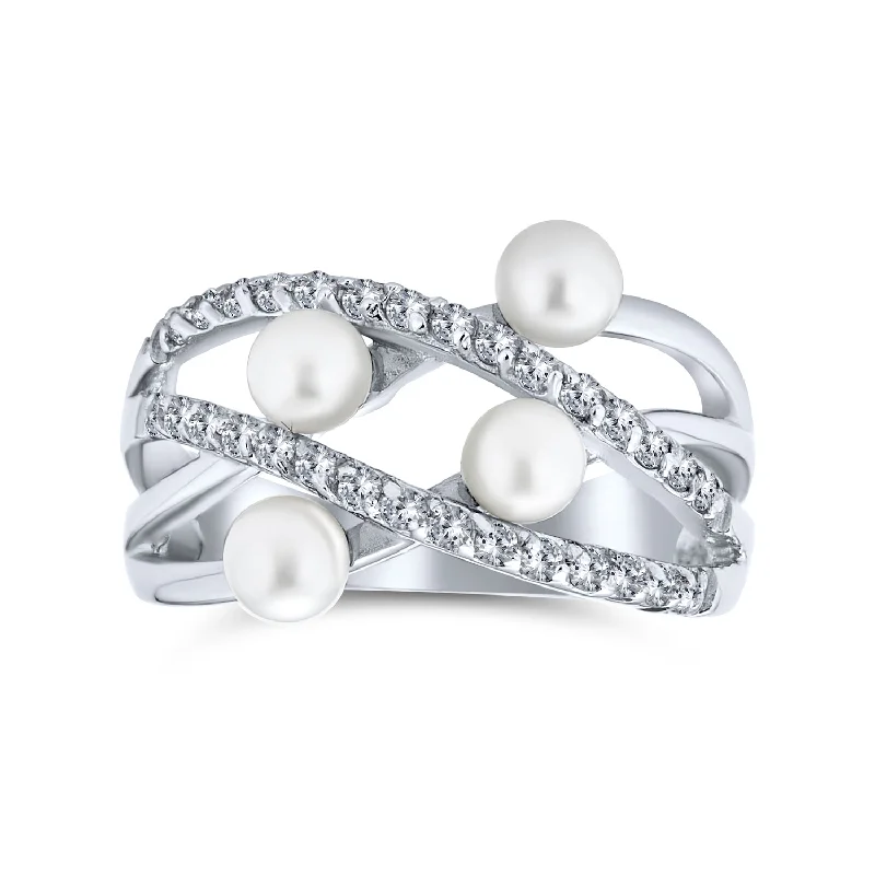 women’s wedding engagement ring-Crossover Criss Cross Silver Ring with White Simulated Pearl Fashion Statement Style