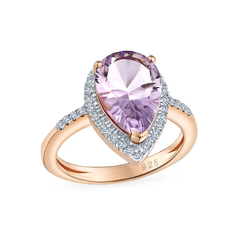 women’s chunky statement ring-Silver Ring with 3.75CTW Zircon Pave Halo Pear Shape Gemstone in Rose Gold Overlay