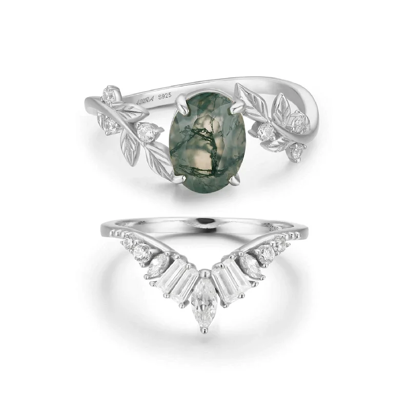 women’s wedding engagement ring-Between the Leaf Moss Agate© and Hillcrest Ring Set