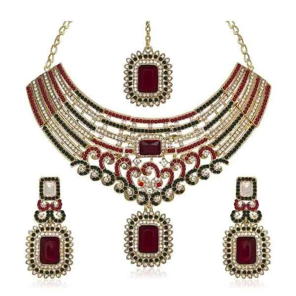 women’s silver necklace-Kriaa Austrian Stone Gold Plated Necklace Set With Maang Tikka