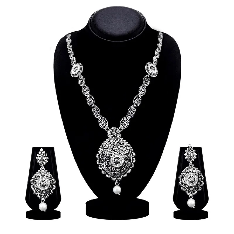 women’s adjustable chain necklace-Kriaa Oxidised Plated White Austrian Stone Long Necklace Set - 1115315