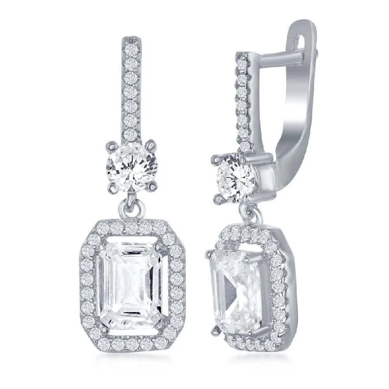 women’s silver dangly earrings-Sterling Silver White Emerald Cut CZ Earrings