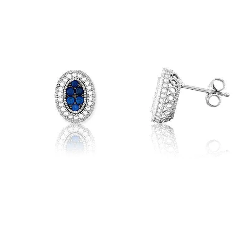 women’s silver hoop earrings-Sterling Silver Oval Sapphire Micro Pave Earrings