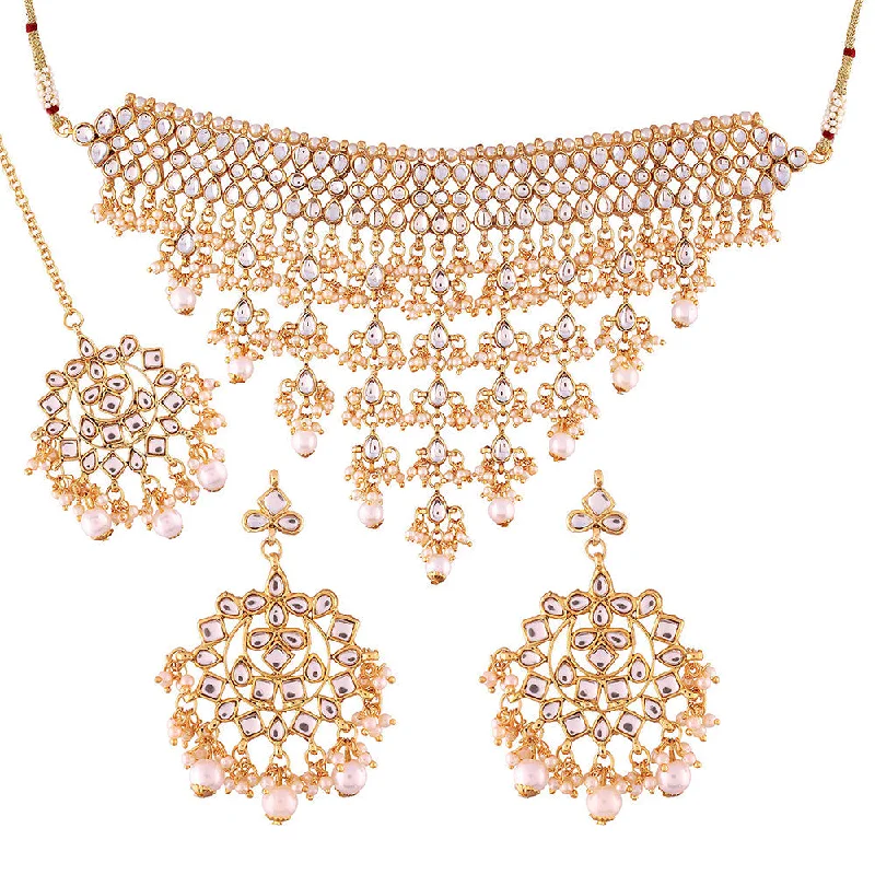 women’s choker necklace-Etnico 18K Gold Plated Traditional Kundan & Pearl Studded Choker Necklace Jewellery Set with Earrings & Maang Tikka For Women (K7064W)