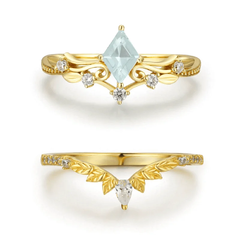 women’s bridal ring set-Woodland and Victorian Lace Aquamarine© Ring Set (Yellow Gold)