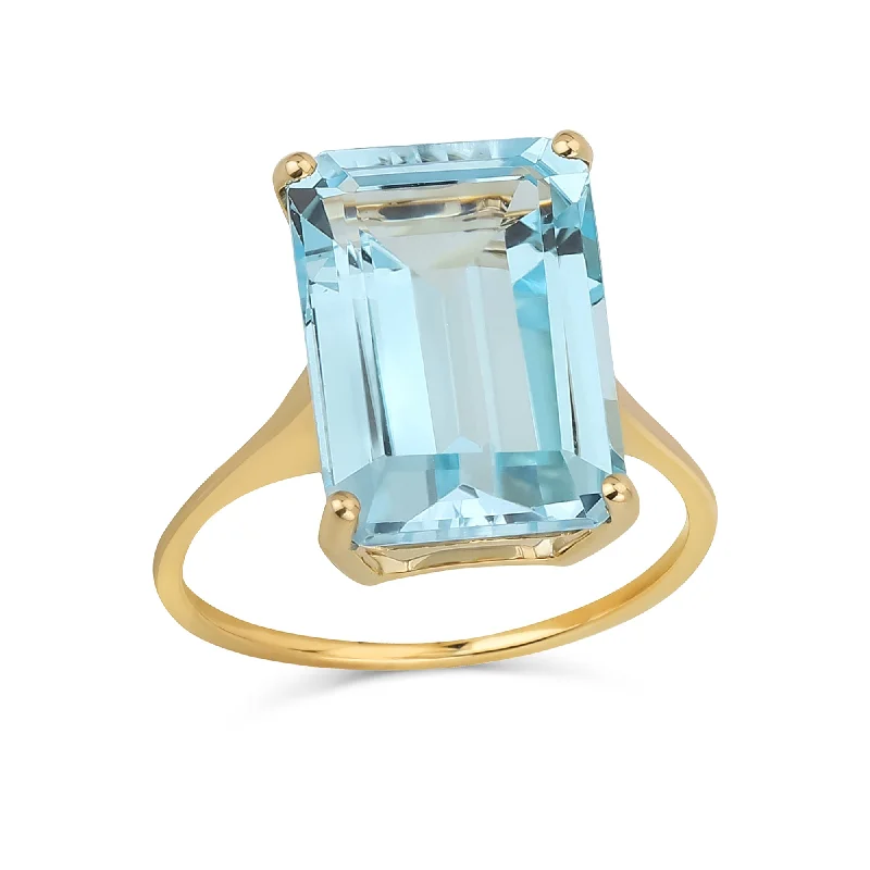 women’s band ring-Large 7CTW 14K Gold Gemstone Sky Blue Topaz Emerald Cut Statement Ring