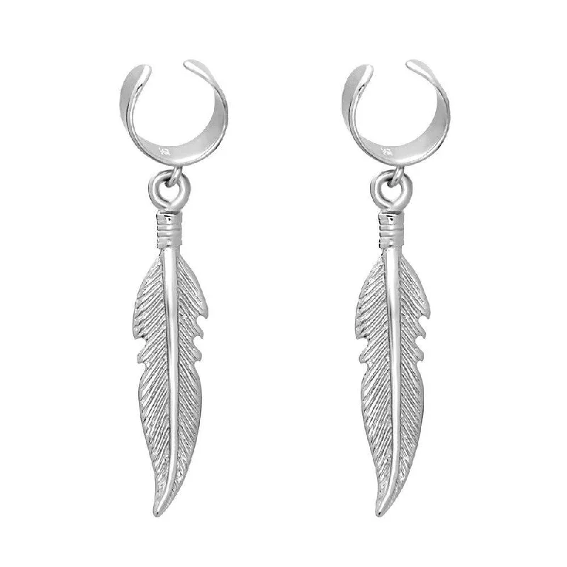 women’s hoop and stud earrings-Sterling Silver Feather Ear Cuff Earrings