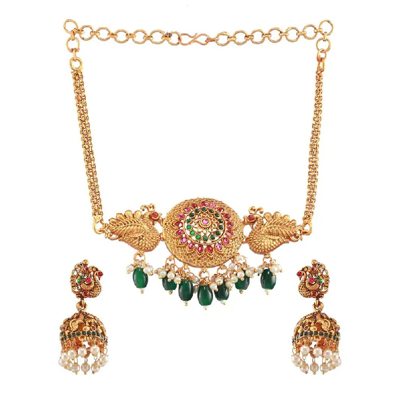 women’s layered necklace-Rasmm Creations Matte Gold Plated Pota And Beads South Necklace Set