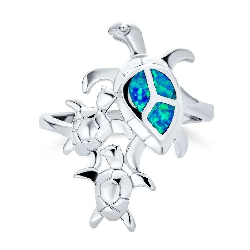 women’s halo diamond ring-Nautical Tropical Blue Opal Turtle Family Trio Ring Sterling Silver Ring