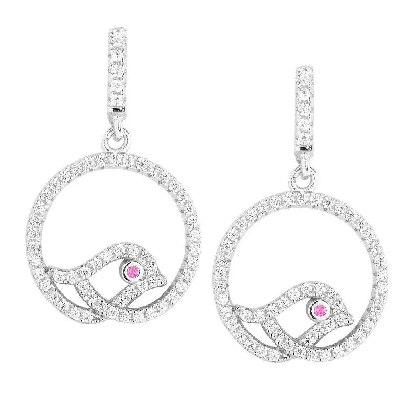 women’s gold hoop earrings-Sterling Silver Pink Open Round CZ Bird Earrings