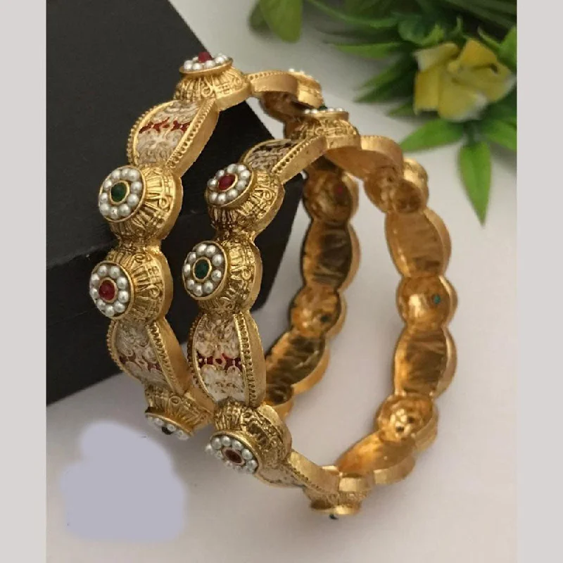 women’s white gold engagement rings-women’s gold tennis bracelet-FS Collections Gold Plated Pota Stone And Pearls Meenakari Bangles Set