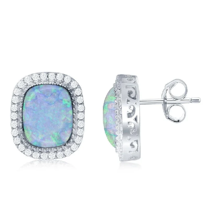 women’s vintage earrings-Sterling Silver White Opal with CZ Border Earrings