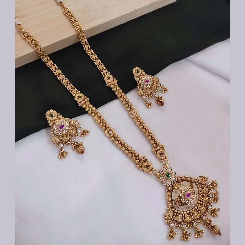 women’s simple necklace-Akruti Collection Gold Plated Kundan Stone And Pearls Meenakari Long Necklace Set