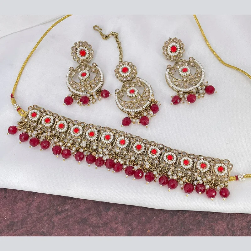 women’s white gold necklace-India Art Gold Plated Crystal Stone & Beads Choker Necklace Set