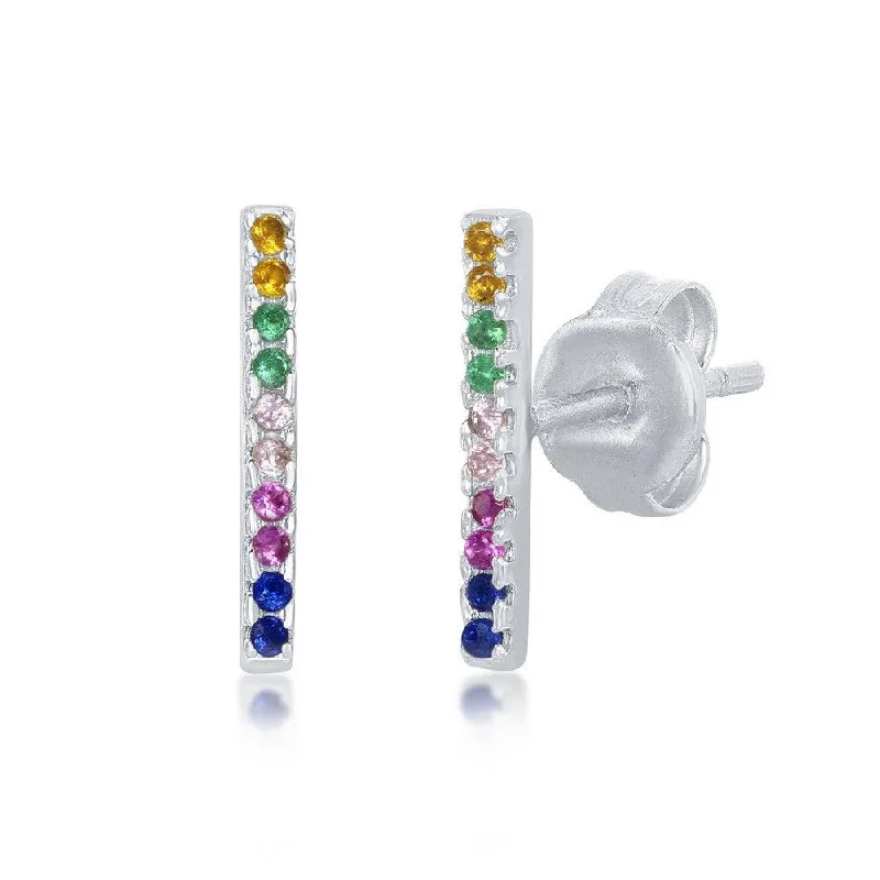 women’s birthstone earrings-Sterling Silver Rainbow CZ Bar Stud Earrings