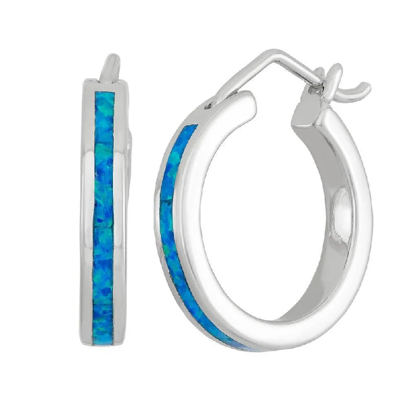 women’s dangly earrings-Sterling Silver Blue Inlay Opal Hoop Earrings