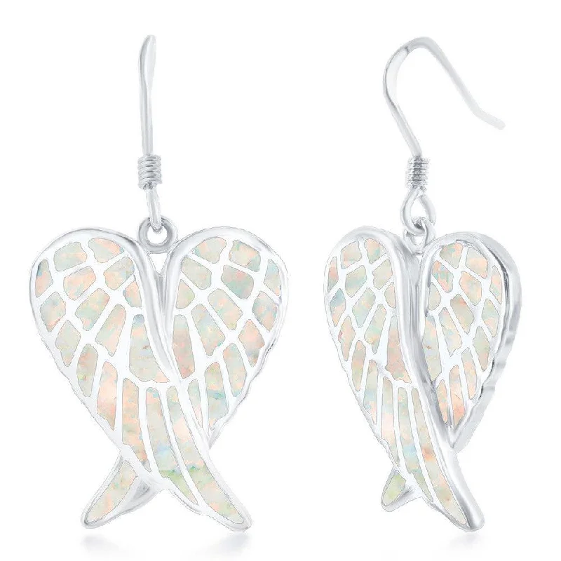 women’s gold earrings-Sterling Silver White Inlay Angel Wings Earrings