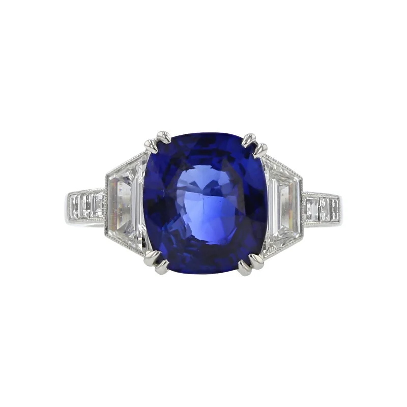 Platinum Cushion-cut Sapphire and Diamond Ring