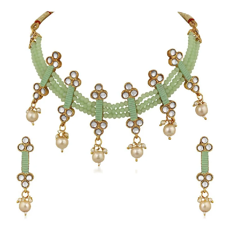 women’s sapphire necklace-Mahi Traditional Floral Kundan & Green Beads Layered Choker Necklace Jewellery Set for Women (VNCJ100261GRN)