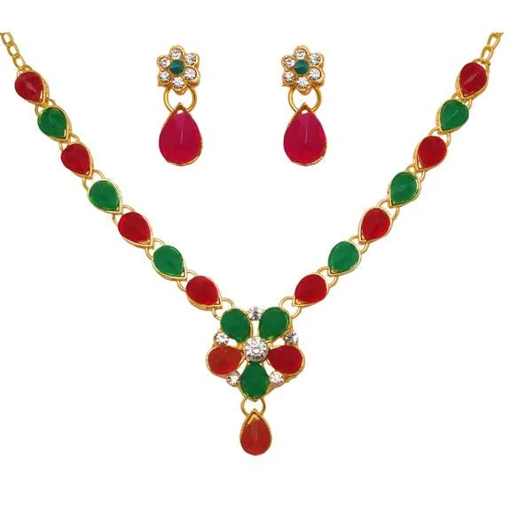 women’s statement necklace-Kriaa Gold Plated Pota Stone Floral Design Necklace Set