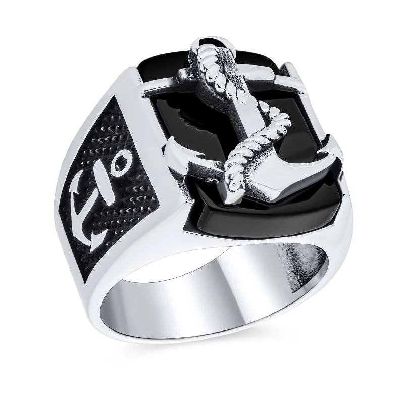 women’s square ring-Mens Silver Ring Nautical Black Onyx Gemstone Anchor Signet .925 Sterling Silver