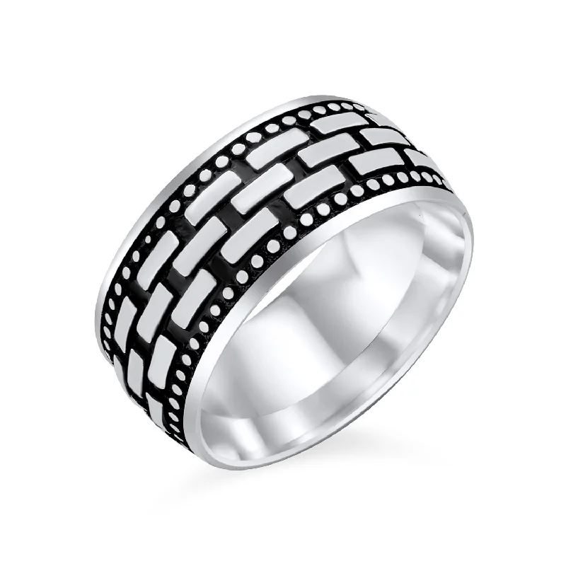 women’s custom ring-Classic Mens Silver Ring Brick Chain Band Blackened Oxidized .925 Sterling Silver