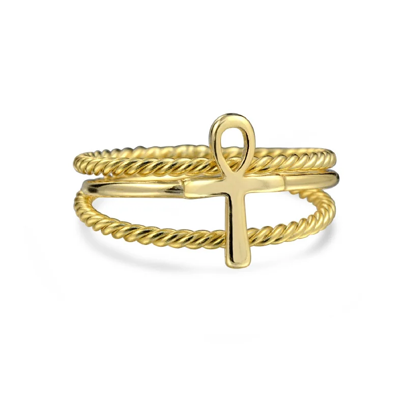 women’s gemstone ring-Minimalist Silver Ring Set: 14K Gold Plated Ankh Cross Stackable Bands