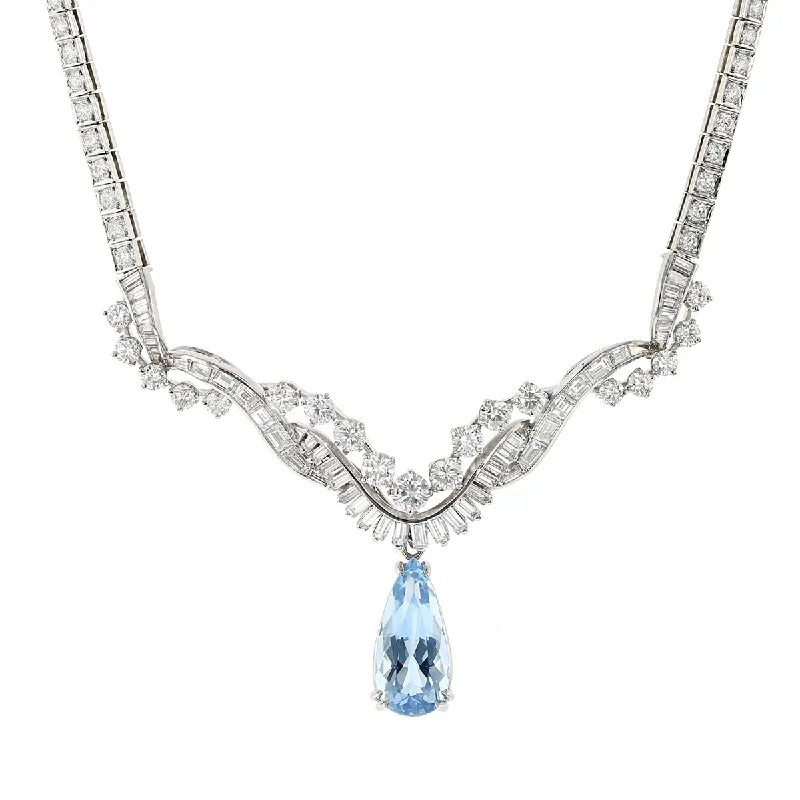 women’s zodiac necklace-Platinum Pear Shape Aquamarine and Diamond Necklace