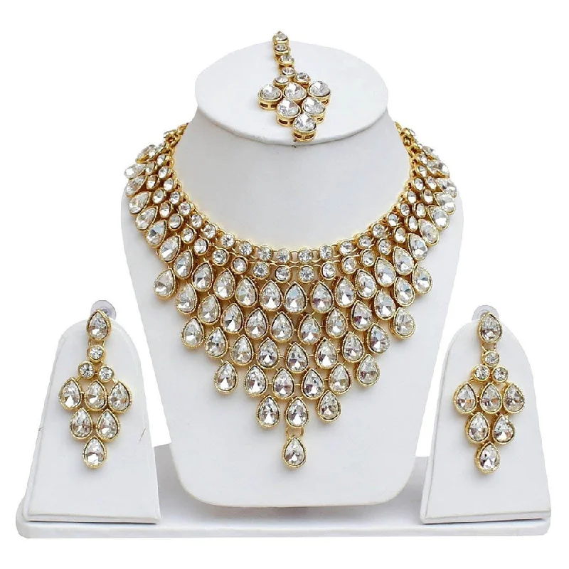 women’s heart-shaped necklace-India Art Gold Plated White Crystal Stone Necklace Set