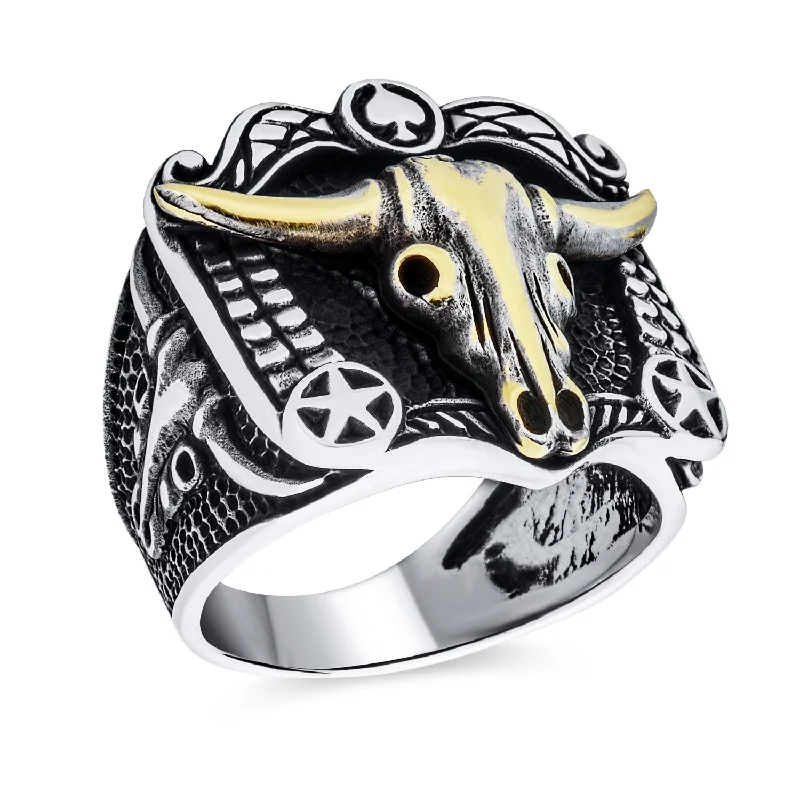 women’s wedding engagement ring-Mens Silver Ring with Brown Tiger Eye & Black Onyx Gemstone Western Longhorn Design