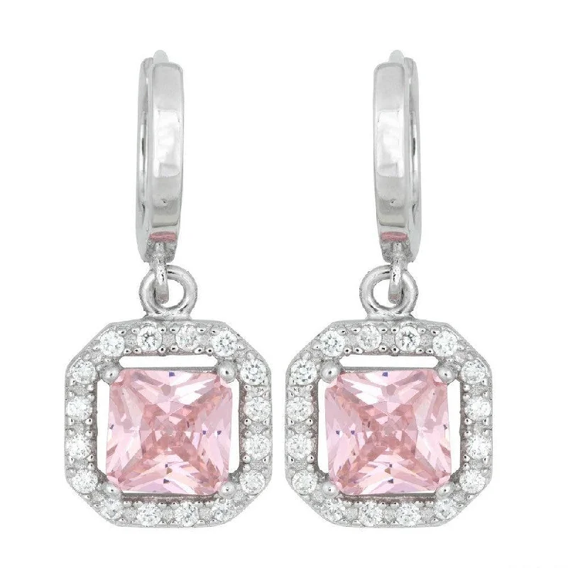 women’s sapphire drop earrings-Sterling Silver Pink CZ Micro Pave Square Earrings