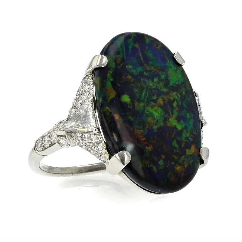 Art Deco Platinum Black Opal and Diamond Ring