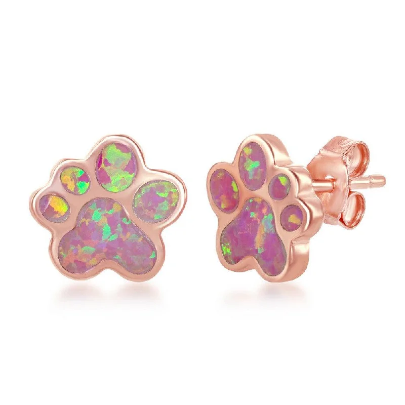 women’s classic earrings-Sterling Silver Rose Gold Plated Pink Inlay Paw Stud Earrings