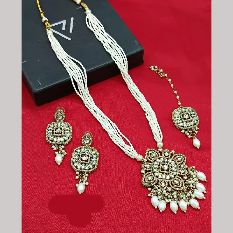 women’s matching necklace and earrings-Lucentarts Jewellery Gold Plated Kundan Stone And Pearls Long Necklace Set