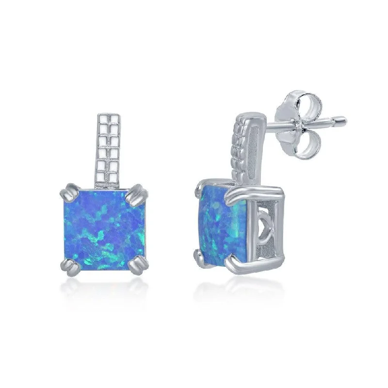 women’s trendy earrings-Sterling Silver Beaded Bar and Blue Opal Earrings